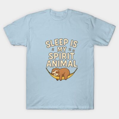 Light blue t-shirt with "Sleep is My Spirit Animal" text and sloth graphic, casual wear, cotton material.