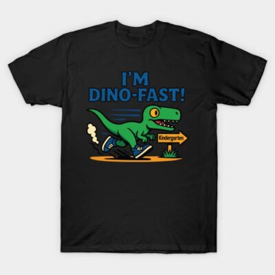 Black t-shirt with "I'm Dino-Fast!" text and green dinosaur graphic, perfect for kindergarten kids, casual wear.