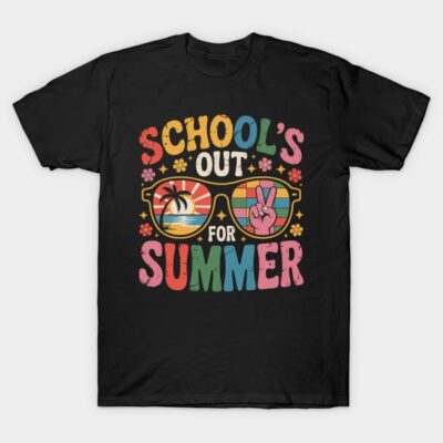 Black t-shirt with colorful "School's Out for Summer" graphic, featuring sunglasses, palm tree, and peace sign design.