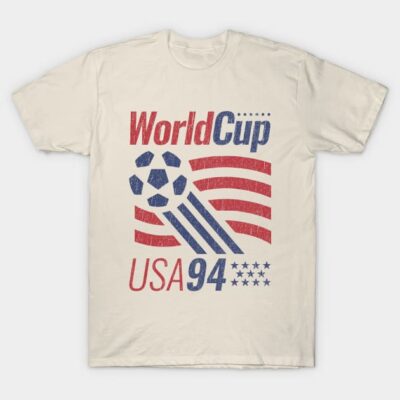Vintage-style beige World Cup 94 tee, featuring red and blue soccer graphic. Casual cotton t-shirt for sports fans.