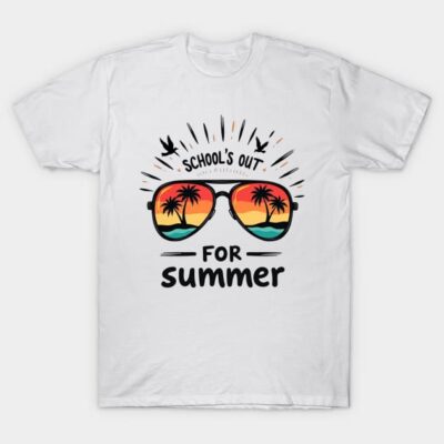 White t-shirt with "School's Out for Summer" text and sunglasses graphic, perfect for casual summer wear.