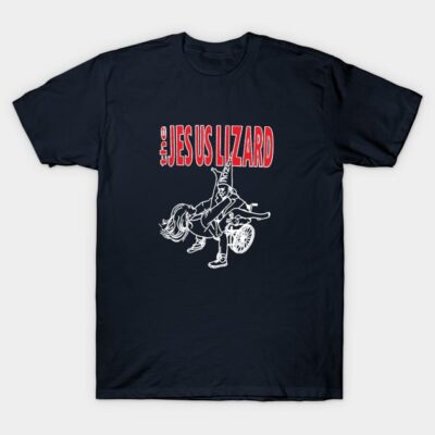 Navy blue graphic t-shirt with red and white design, casual style, cotton material, suitable for everyday wear.