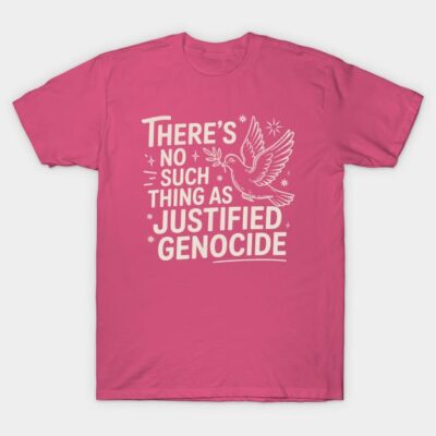 Pink cotton t-shirt with a peace-themed message and dove graphic, ideal for casual wear and social awareness.