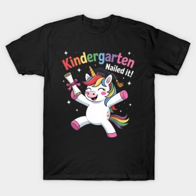 Black kindergarten graduation T-shirt with colorful unicorn, diploma, and "Kindergarten Nailed It" text, perfect for kids.