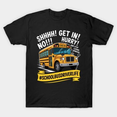 Black T-shirt with school bus graphic and "#SchoolBusDriverLife" text, ideal for casual wear, cotton material.