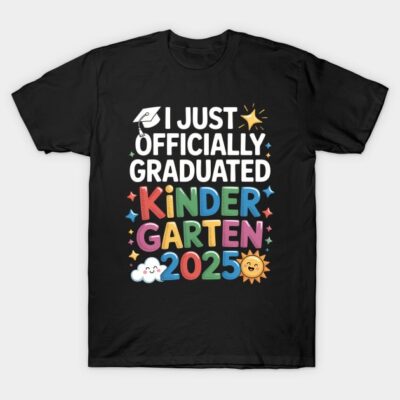 Black kindergarten graduation 2025 t-shirt with colorful text and playful graphics, ideal for celebrating milestones.