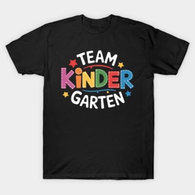 Black "Team Kindergarten" T-shirt with colorful text and star design, perfect for school events or casual wear.