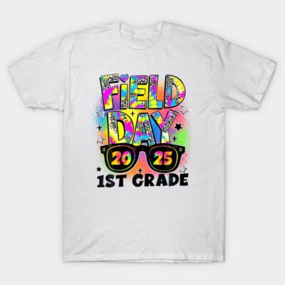 White "Field Day 2025 1st Grade" T-shirt with colorful design, ideal for school events, made from soft cotton.