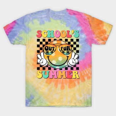 Tie-dye t-shirt with "School's Out for Summer" text, colorful design, casual wear, 100% cotton, unisex style.