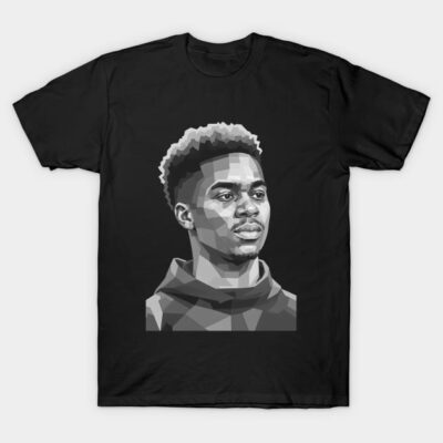 Black graphic T-shirt featuring geometric portrait design, casual style, cotton material, unisex fit.