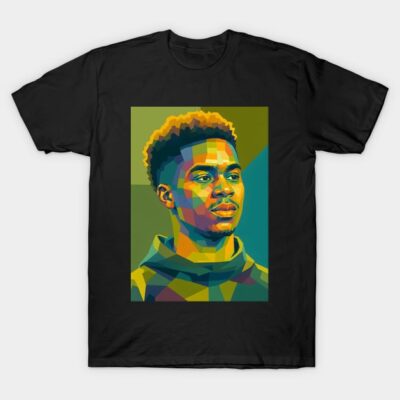 Black graphic t-shirt featuring vibrant geometric art design, perfect for casual wear or artistic expression.