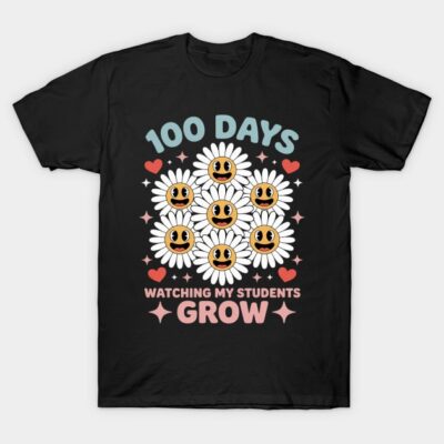 Black T-shirt with colorful "100 Days Watching My Students Grow" floral design, perfect for teachers' milestone celebration.