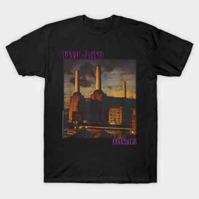 Black graphic tee featuring industrial building design, cotton material, casual wear, unisex style, comfortable fit.