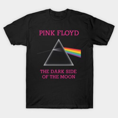 Black t-shirt with prism and rainbow design, featuring "The Dark Side of the Moon" text, cotton material.