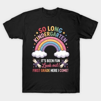 Black t-shirt with colorful rainbow design, "So Long Kindergarten" text, perfect for kids' first-grade transition.
