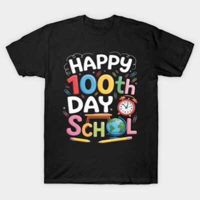 Black "Happy 100th Day of School" t-shirt with colorful text and school-themed graphics, ideal for celebrations.