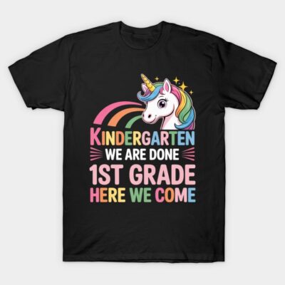 Kids Girls Kindergarten Graduation Colorful Unicorn Kindy Meme T-Shirt by LM3SL