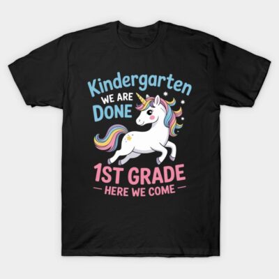 Black t-shirt with colorful unicorn and text design for kindergarten graduation, perfect for kids starting 1st grade.
