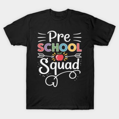 Black "Preschool Squad" T-shirt with colorful text and apple graphic, perfect for back-to-school or casual wear.