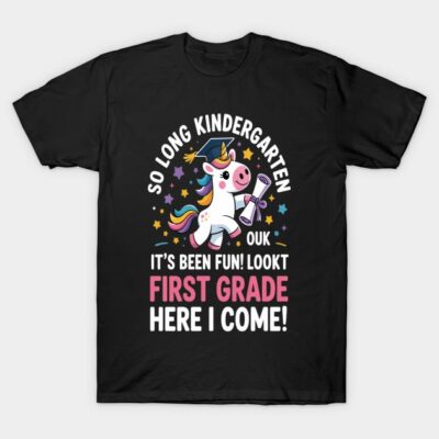 Black t-shirt with colorful unicorn design and "So Long Kindergarten, First Grade Here I Come" text for kids.