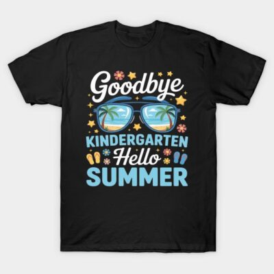Black t-shirt with "Goodbye Kindergarten Hello Summer" design, featuring sunglasses and colorful graphics for kids.