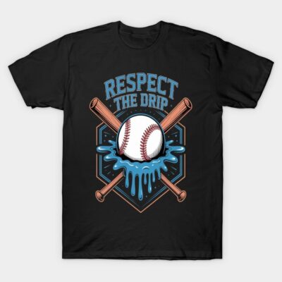 Black baseball-themed t-shirt with "Respect the Drip" text, featuring bats and ball graphic, casual sportswear design.