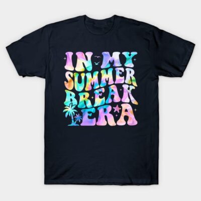 Black t-shirt with colorful "In My Summer Break Era" graphic design, casual wear, cotton material.