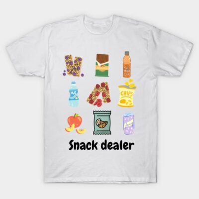 White cotton t-shirt with colorful snack illustrations and "Snack Dealer" text, casual style for food lovers.