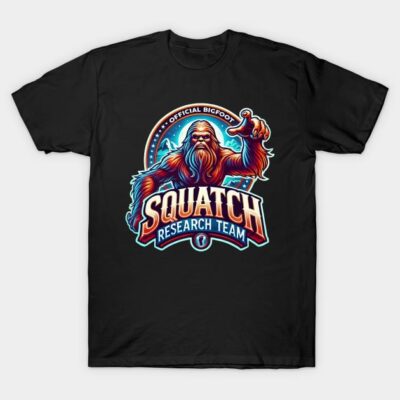 Black t-shirt with colorful "Squatch Research Team" graphic, featuring Bigfoot design. Ideal for casual wear.