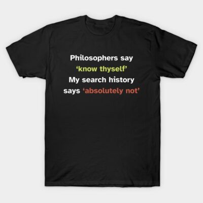 Black cotton T-shirt with humorous text print, casual style, perfect for everyday wear.