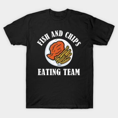 Black T-shirt with "Fish and Chips Eating Team" design, casual style, comfortable cotton material for everyday wear.