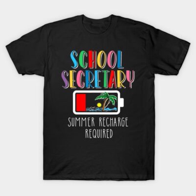 Black t-shirt with colorful "School Secretary" text, battery and tropical design, casual cotton top for summer.