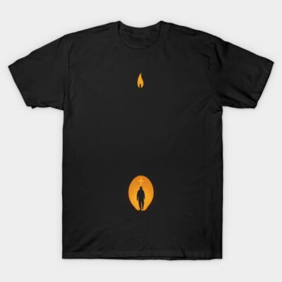 Black graphic t-shirt with orange flame and silhouette design, casual unisex cotton top for everyday wear.