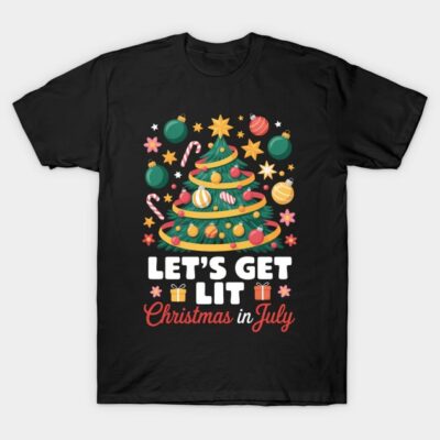 Black "Let's Get Lit" Christmas in July T-shirt with festive tree design, ideal for holiday celebrations.