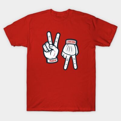 Red graphic t-shirt featuring peace hand signs, casual style, cotton material, suitable for everyday wear.
