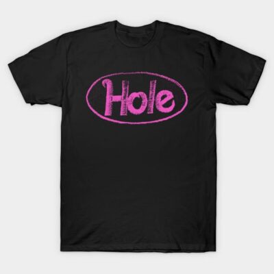 Black t-shirt with pink "Hole" logo, casual style, cotton material, ideal for everyday wear.