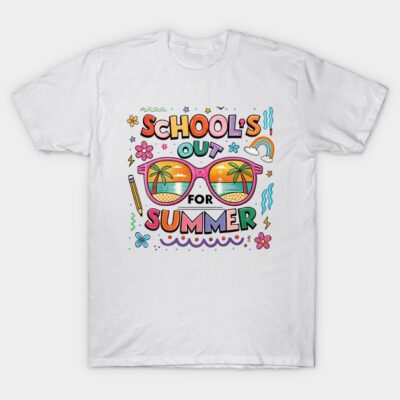 White T-shirt with colorful "School's Out for Summer" graphic, featuring sunglasses and tropical design. Cotton casual wear.