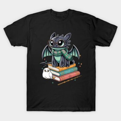 Black unisex t-shirt featuring cute dragon design with books and owl, perfect for casual wear or gifting.