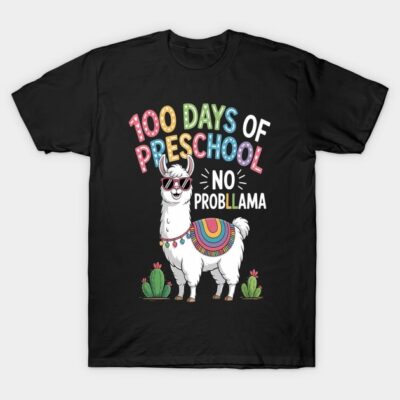 Black T-shirt with colorful "100 Days of Preschool No Probllama" text and llama graphic, ideal for kids' celebrations.