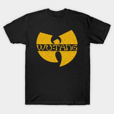 Black T-shirt with yellow Wu-Tang Clan logo, casual style, cotton material, ideal for music fans.