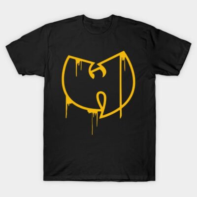Black t-shirt with bold yellow graphic logo, casual style, cotton material, perfect for everyday wear.