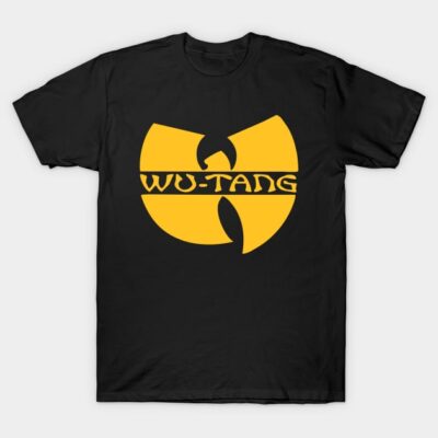 Black t-shirt with yellow Wu-Tang Clan logo, casual style, 100% cotton, perfect for music fans and everyday wear.