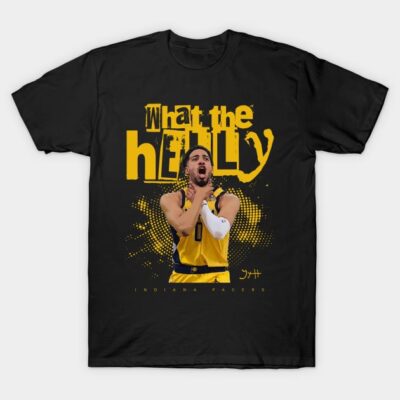Black graphic T-shirt featuring bold yellow text and a dynamic sports theme, perfect for casual wear.