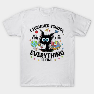 White "I Survived School" T-shirt featuring colorful cartoon design, ideal for casual wear, made of soft cotton material.