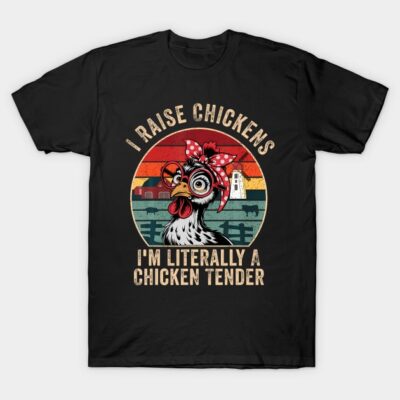 Black t-shirt with a colorful chicken design, humorous farming text, casual style, ideal for chicken enthusiasts.