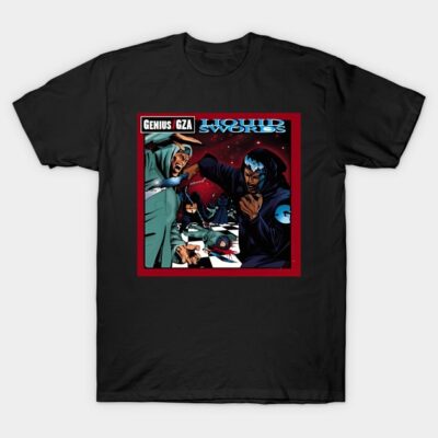 Black graphic t-shirt featuring a bold comic-style design, perfect for casual wear and music fans. Cotton material.
