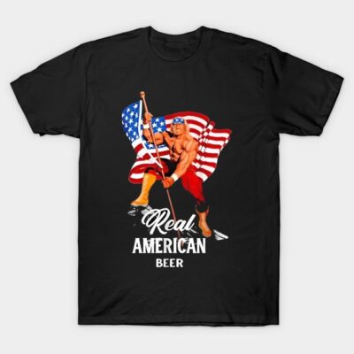Black t-shirt with "Real American Beer" design featuring a muscular figure holding a flag.