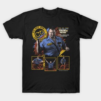 Black graphic T-shirt featuring retro wrestling theme, colorful print, casual style, perfect for fans and collectors.