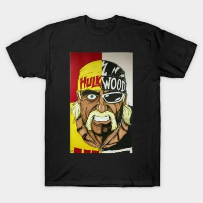 Black graphic T-shirt with split-face cartoon design, featuring bold yellow and black colors, ideal for casual wear.