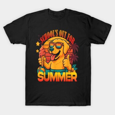 Black t-shirt with "School's Out for Summer" design featuring dog in sunglasses holding ice cream against sunset backdrop.